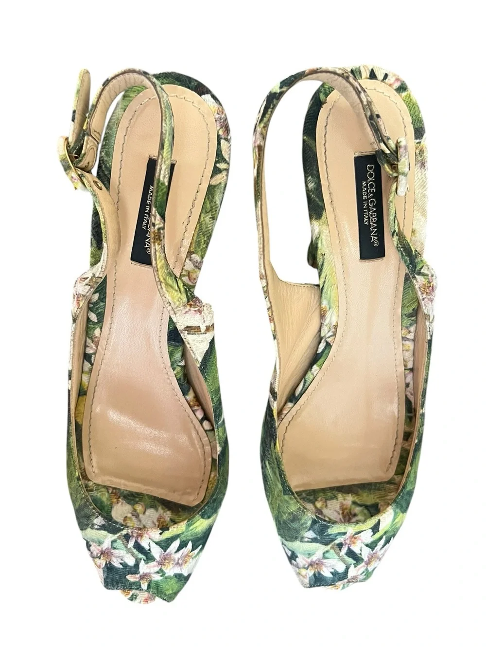 Dolce & Gabbana Women’s Green Floral Cloth Jaquard Y2K Peep Toe Heels Size 39